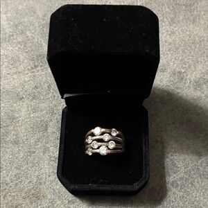 Women's Multi-Band Silver Ring with White Stones - Elegant Stacking Style